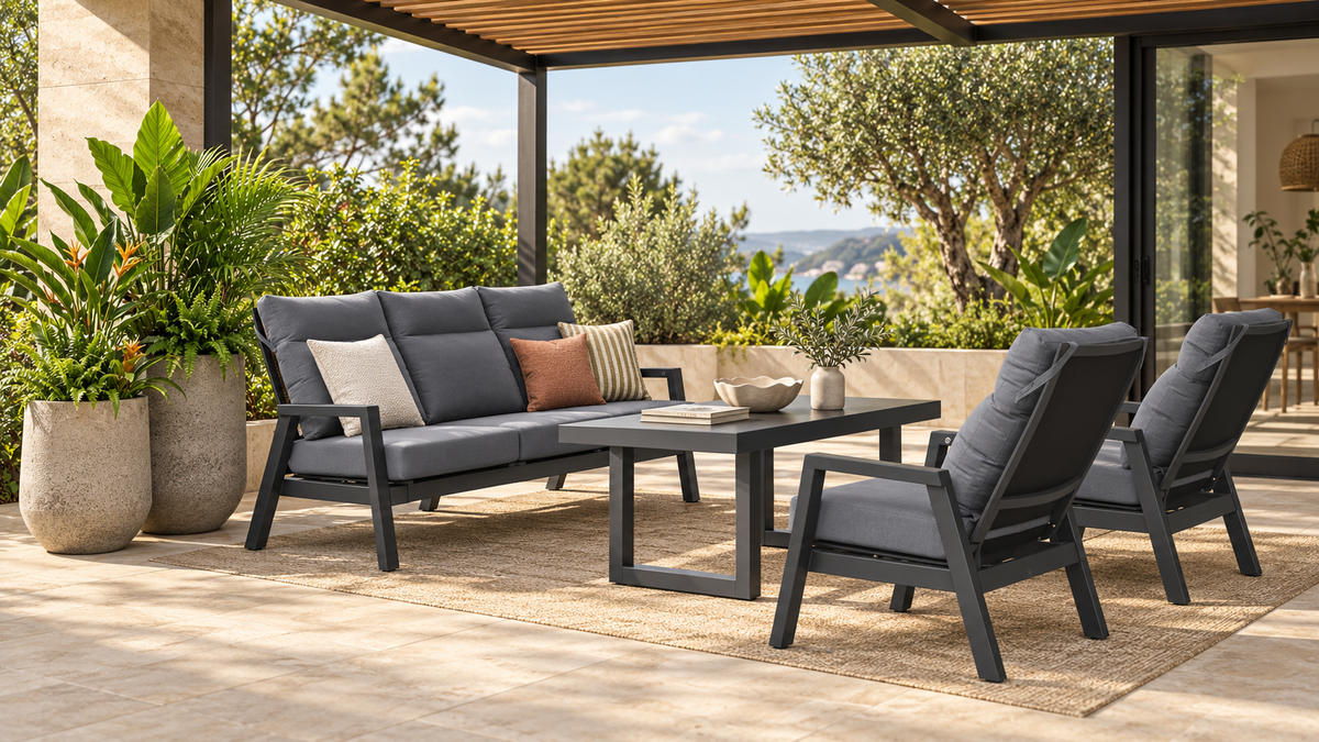 Sala ALURA con estructura oscura y mesa a altura de comedor para exterior