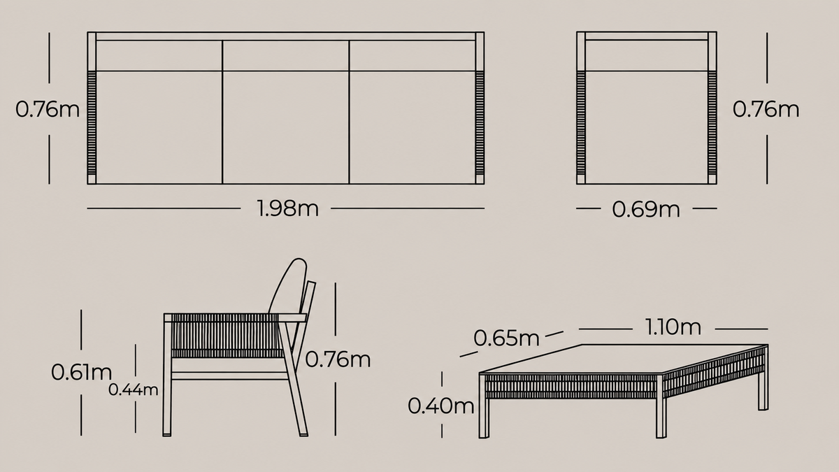 Plano técnico y dimensiones de la Sala AMAZONAS con sofá, sillones y mesa