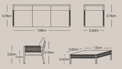 Plano técnico y dimensiones de la Sala AMAZONAS con sofá, sillones y mesa