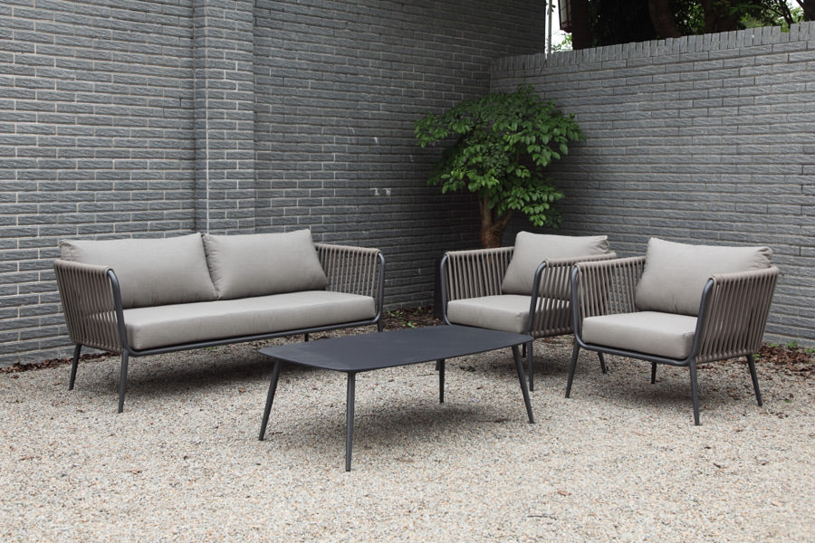 Set de sala AMALFI taupe, sala de aluminio con cuerdas de poliéster y cojines para balcón