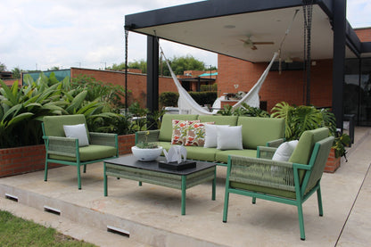 Set de sala AMAZONAS verde, sala de aluminio con cuerdas de poliéster y cojines blancos para terraza cubierta
