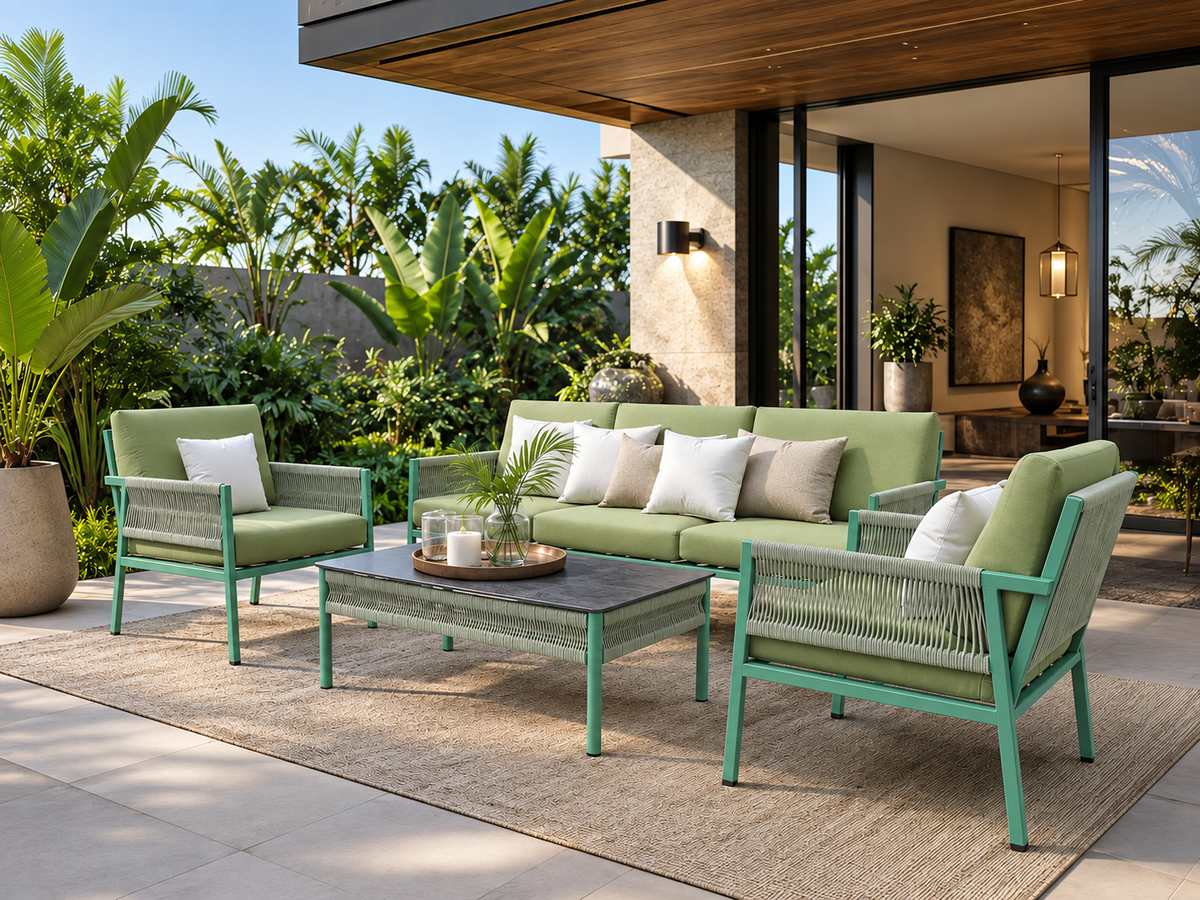 Sala AMAZONAS para terraza con sofá, sillones y mesa de centro