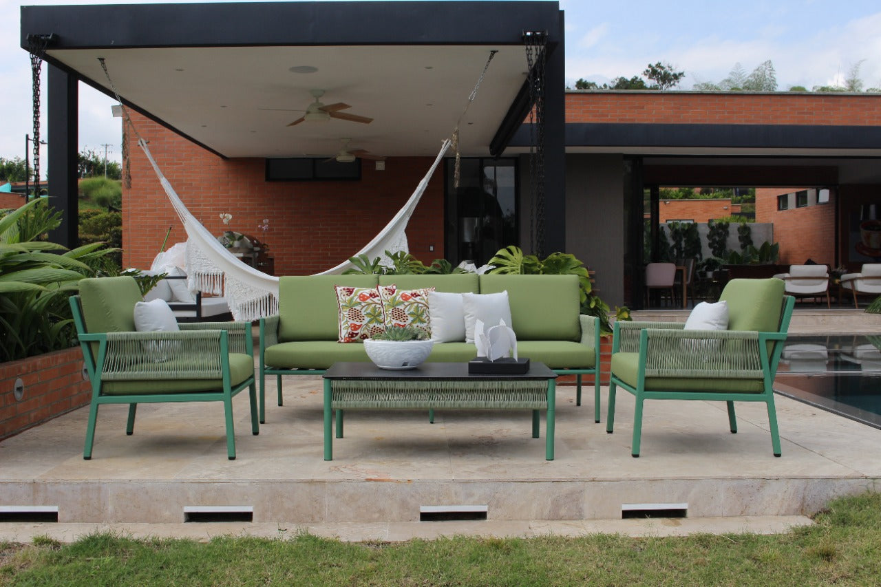 Vista de sala AMAZONAS verde, conjunto de sofás de aluminio con cuerdas de poliéster para balcón
