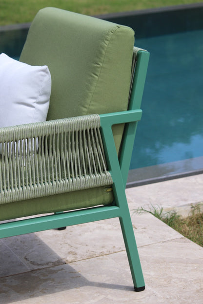 Set de sala AMAZONAS verde, sala de aluminio con cuerdas de poliéster para terraza cubierta
