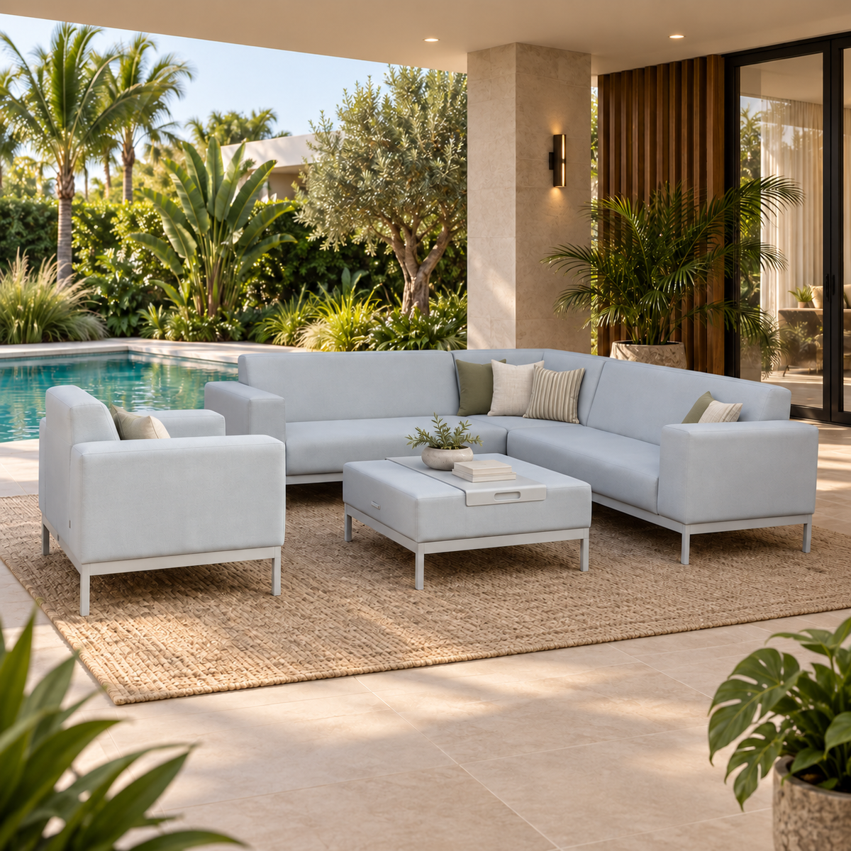 Sala CANARIAS con sofá y sillones para terraza junto a piscina