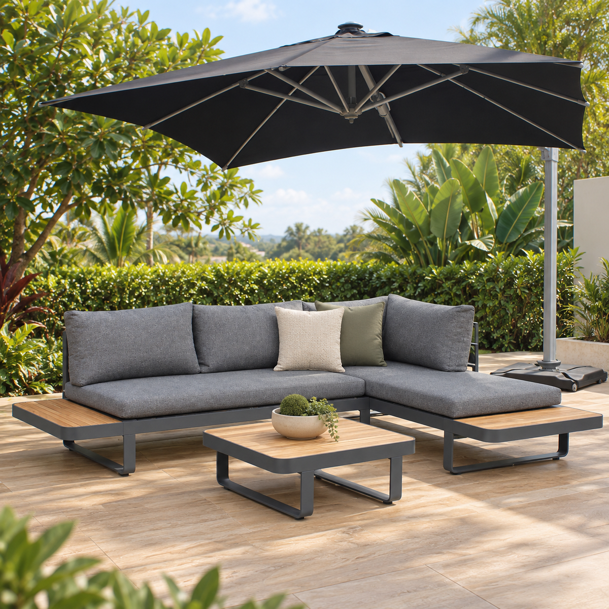 Sala CARTAGENA para terraza con sofá modular, mesa de centro y sombrilla