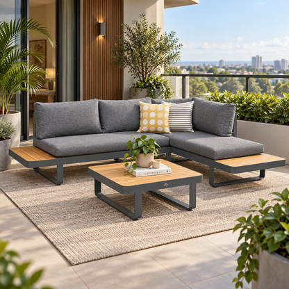 Sala CARTAGENA para terraza con sofá modular, mesa de centro y sombrilla