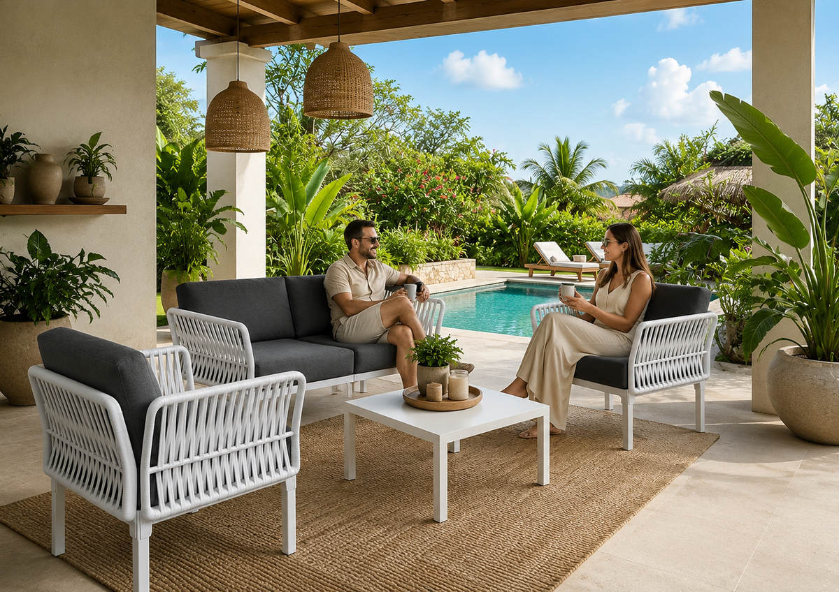 Sala COSTIERA blanca con cojines gris oscuro para terraza junto a piscina