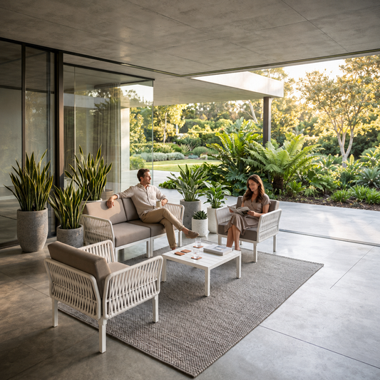 Sala COSTIERA para terraza y exterior con estructura blanca y cojinería taupe - Kasanova