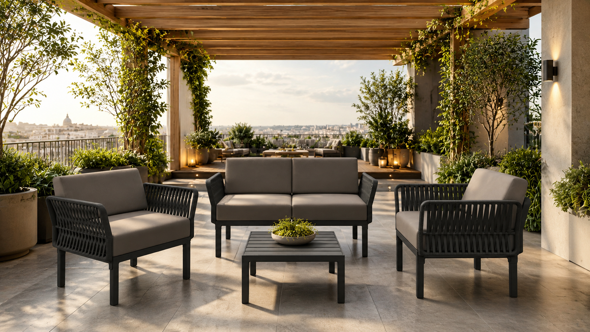 Sala COSTIERA negra para terraza exterior con sofá, sillones y mesa