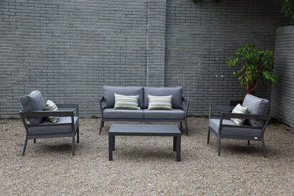 Set de sala CADAQUES negro, sala de aluminio con cojines para balcón y terraza cubierta