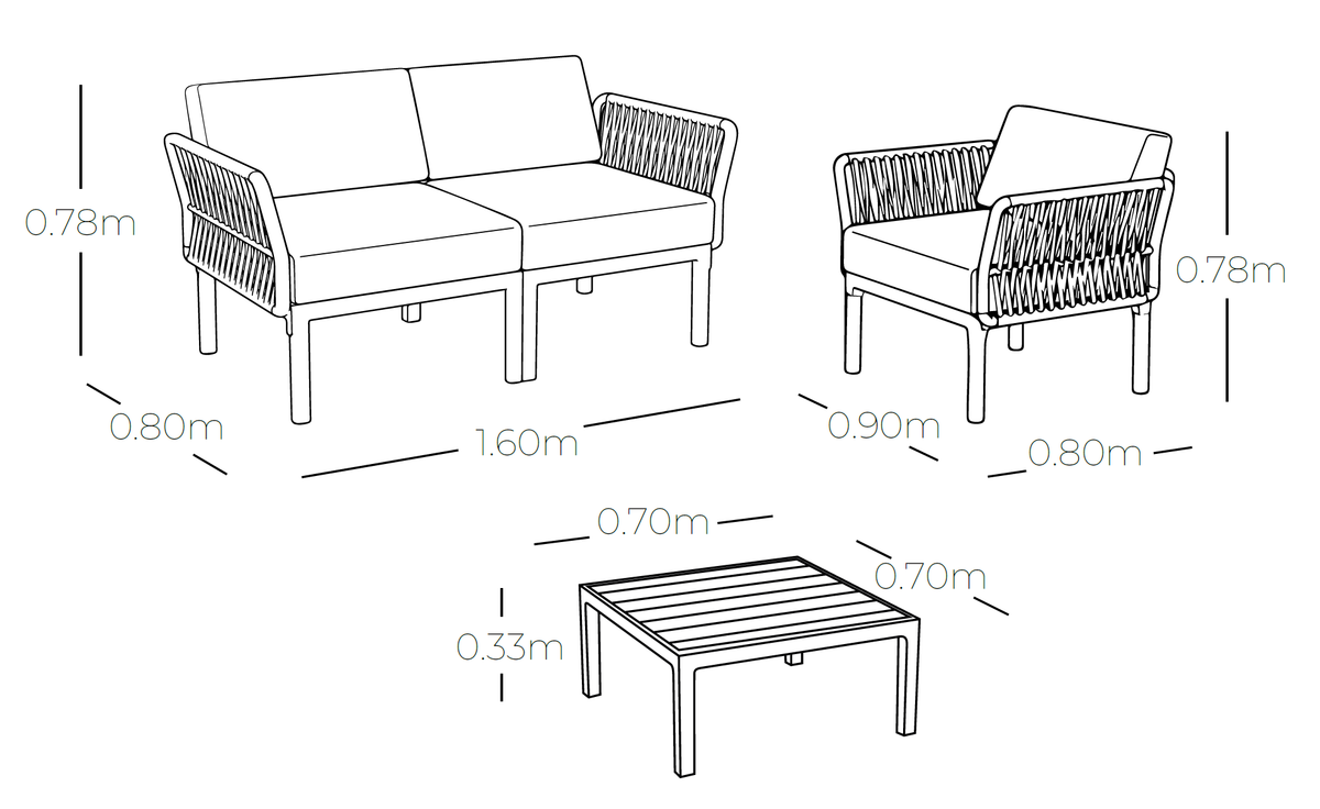 Plano técnico y dimensiones de la Sala COSTIERA con sofá, sillones y mesa