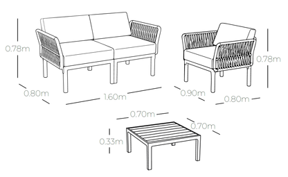 Plano técnico y dimensiones de la Sala COSTIERA con sofá, sillones y mesa