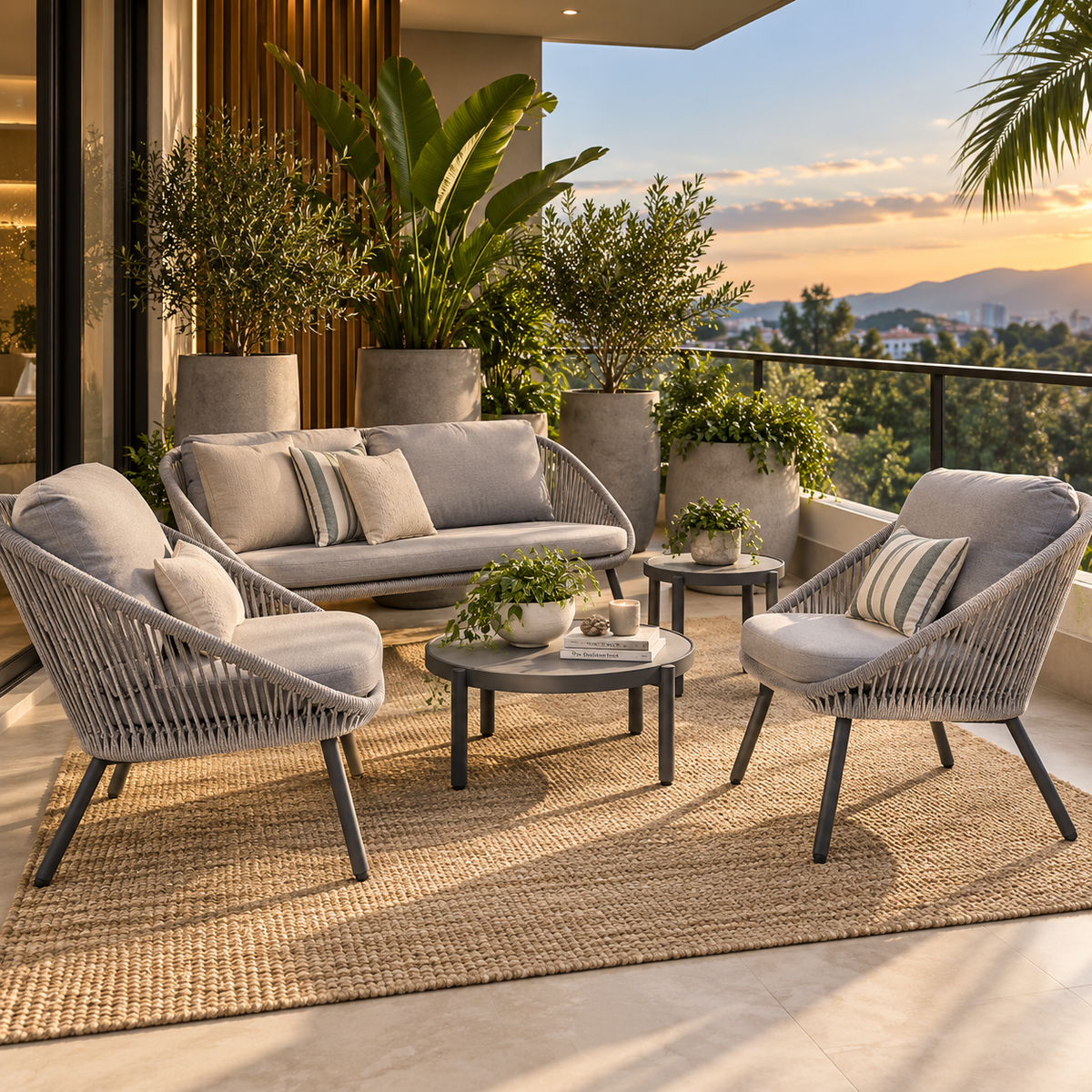 Sala GENOVA con sofá, sillones y mesas auxiliares para terraza exterior cubierta
