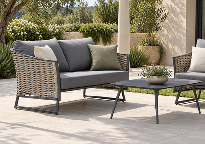 Sala GUAJIRA con sofá, sillones y mesa de centro para terraza exterior protegida