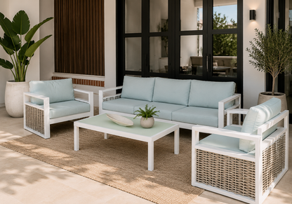 Sala IBIZA blanca con sofá y sillones para terraza exterior cubierta