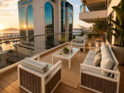 Sala IBIZA para balcón y terraza con sofá, sillones y mesa de centro
