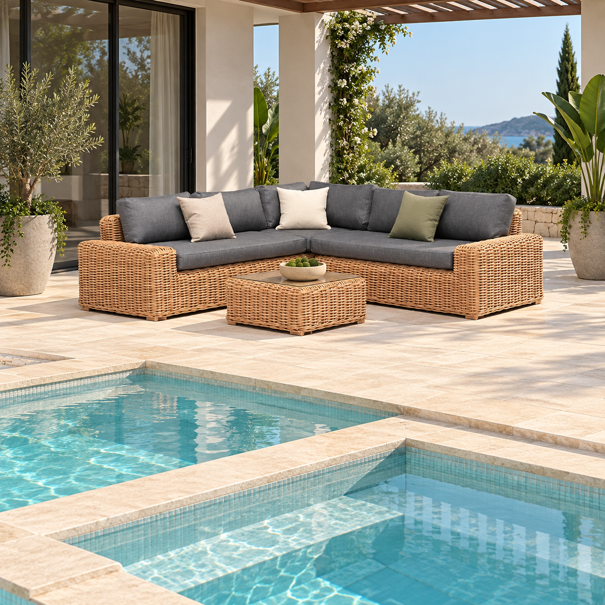 Sala KAPAS con sofá modular y mesa de centro para terraza junto a piscina