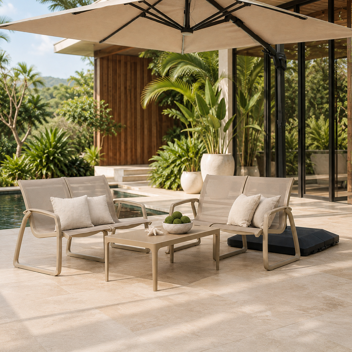 Sala MARE taupe para exterior con sofá doble - Kasanova Decoración
