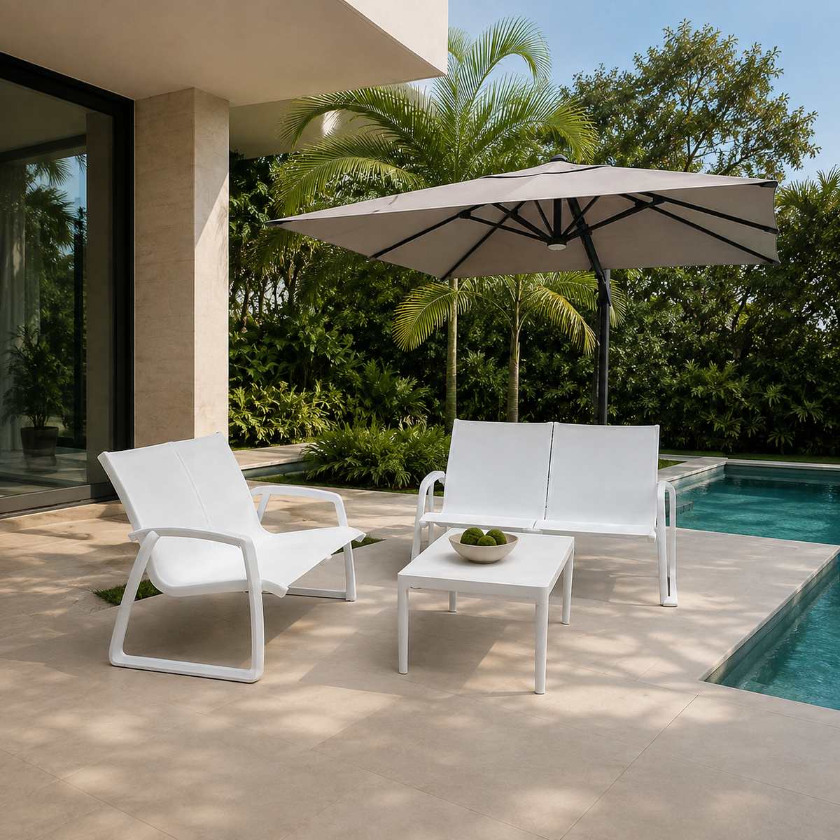 Sala MARE blanca con sofá para zona de piscina y terraza
