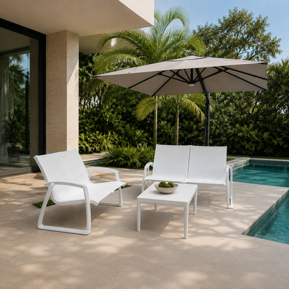 Sala MARE blanca con sofá para zona de piscina y terraza