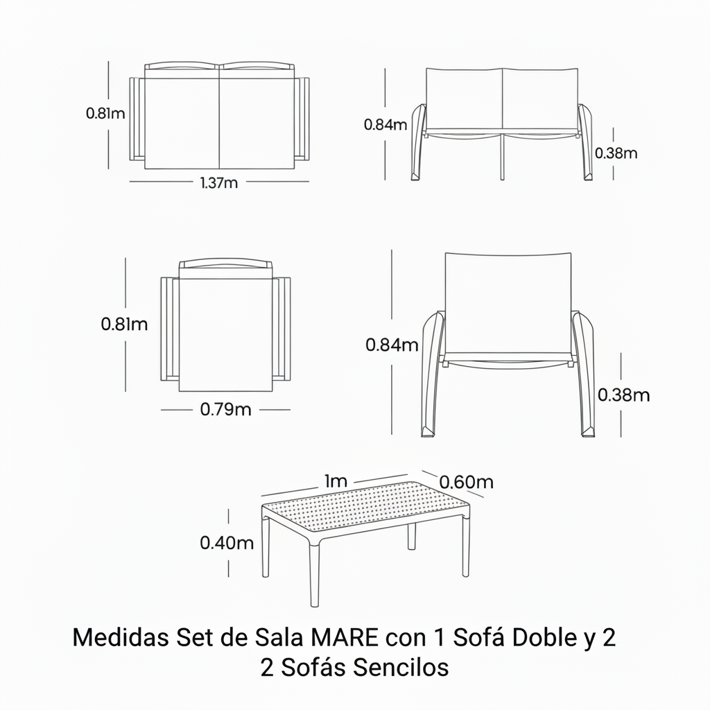 Plano técnico y dimensiones de Sala MARE con sofá doble, dos sillones y mesa