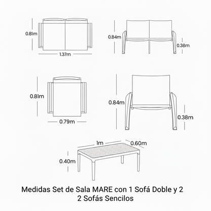 Plano técnico y dimensiones de Sala MARE con sofá doble, dos sillones y mesa