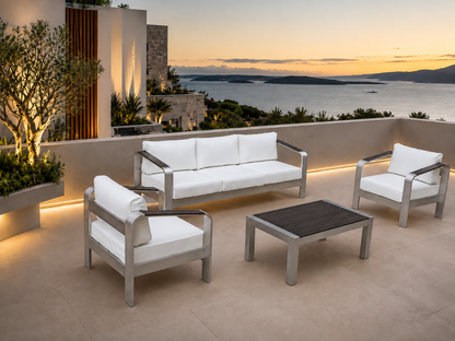 Sala NIZA para terraza exterior con sofá, sillones y mesa de centro