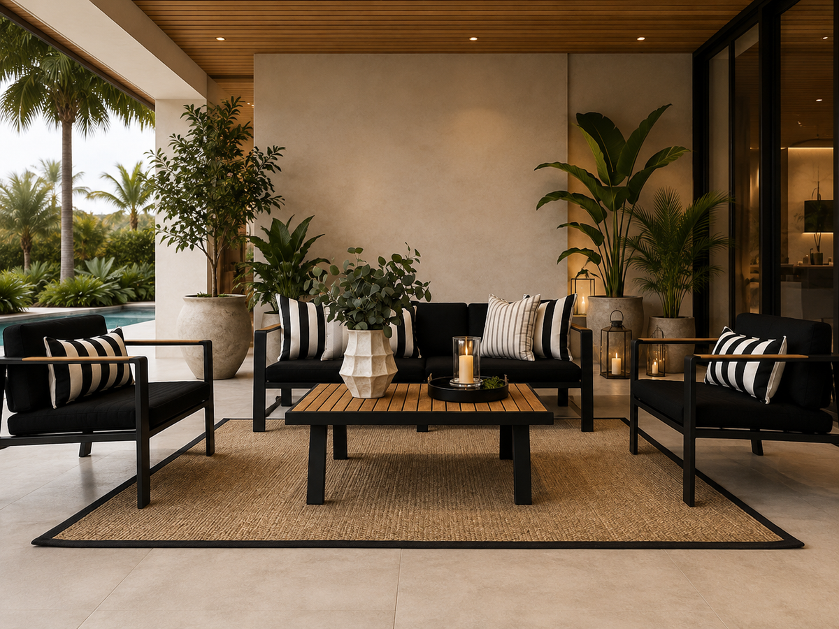 Sala POMPANO con sofá de tres puestos y sillones para mobiliario exterior