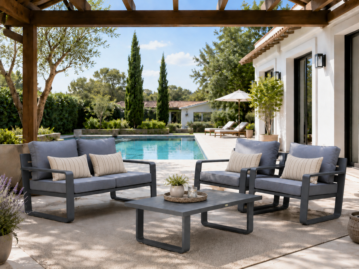 Sala PORTO gris oscuro con sofá y sillones para terraza exterior