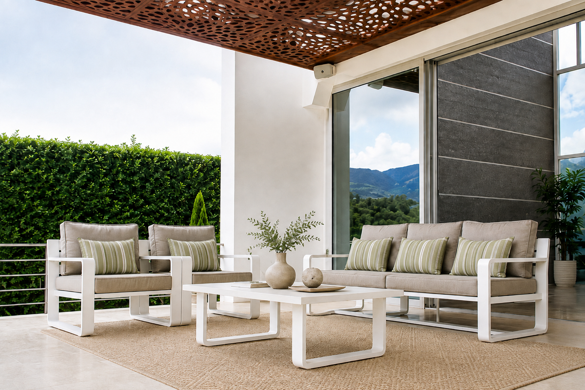 Sala PORTO blanca para terraza cubierta y espacios exteriores