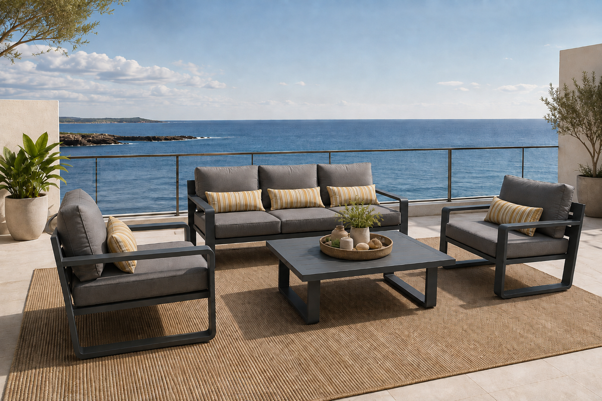 Sala PORTO para terraza con sofá, sillones y mesa de centro exterior