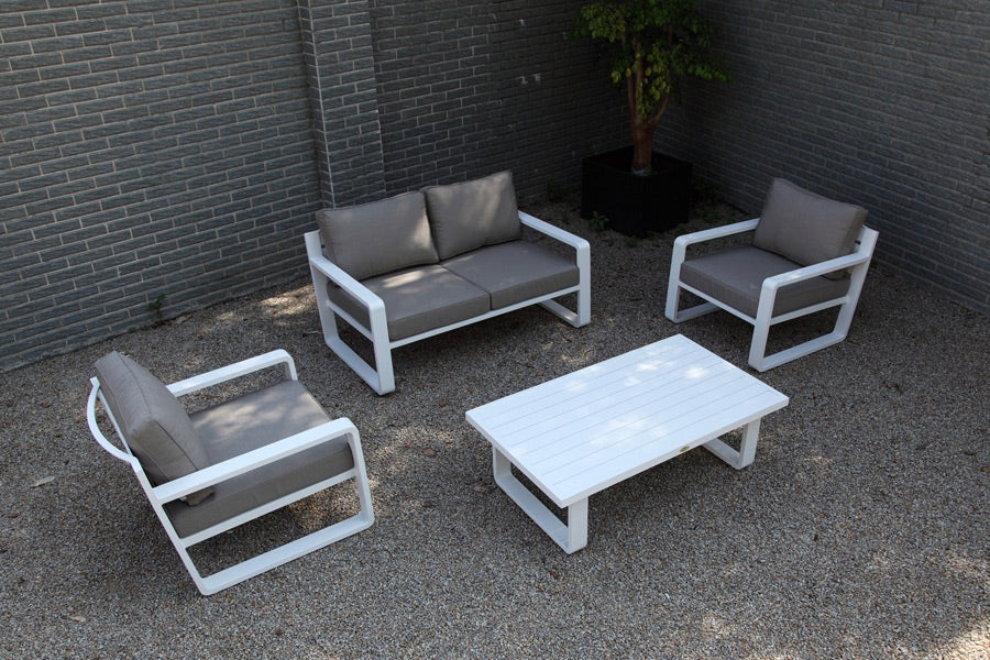 Set de sala PORTO blanca, sala de aluminio blanco con cojines taupe para terraza cubierta
