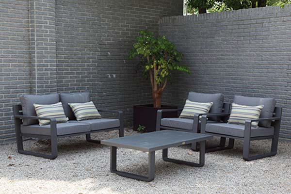 Set de sala PORTO negra, sala de aluminio negro con cojines gris oscuro para balcón