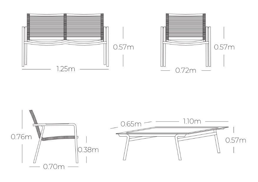 Plano técnico y dimensiones de la Sala VELEROS con sofá, sillones y mesa