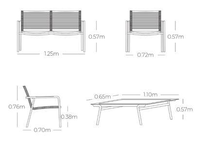Plano técnico y dimensiones de la Sala VELEROS con sofá, sillones y mesa