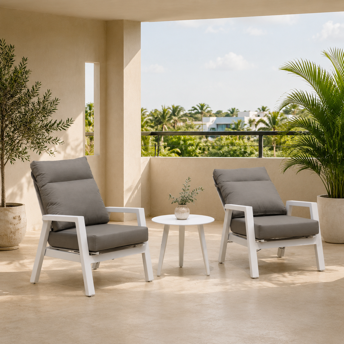 Set de Balcón AIRE RECLINABLE con estructura blanca para balcón y terraza cubierta