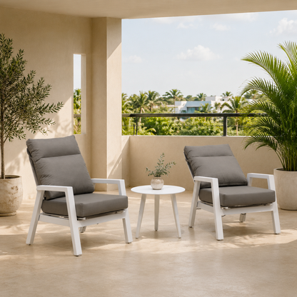 Set de Balcón AIRE RECLINABLE con estructura blanca para balcón y terraza cubierta