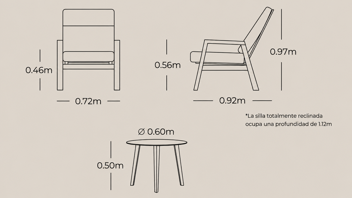 Plano técnico y dimensiones del Set de Balcón AIRE RECLINABLE con sillas y mesa