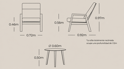 Plano técnico y dimensiones del Set de Balcón AIRE RECLINABLE con sillas y mesa