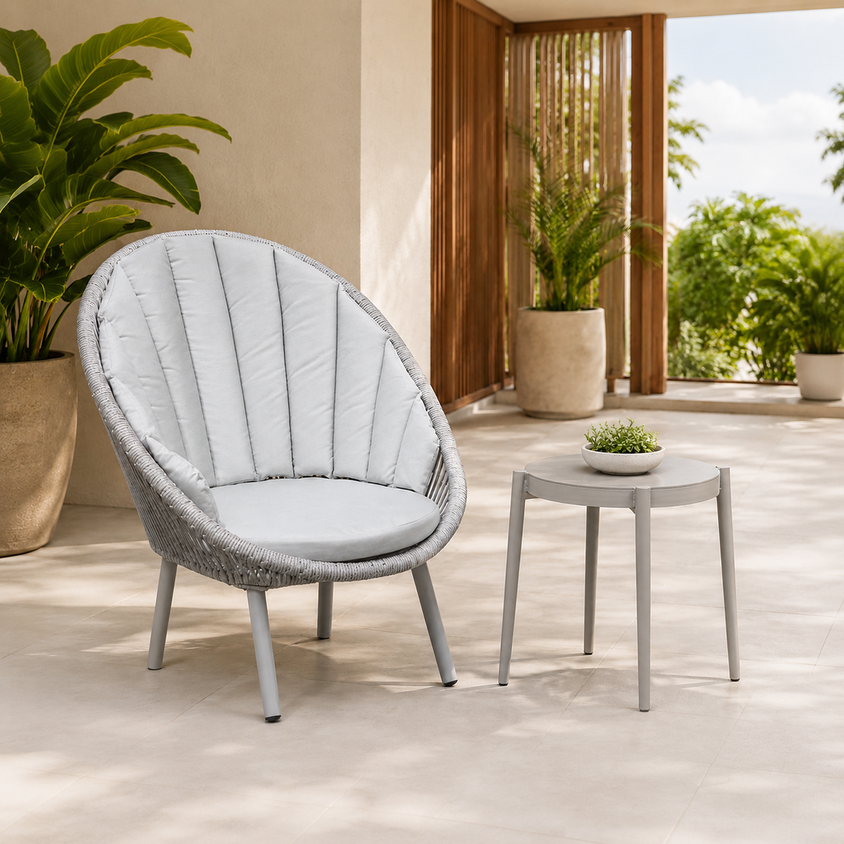 Silla GENOVA con cojinería gris y mesa auxiliar para balcón