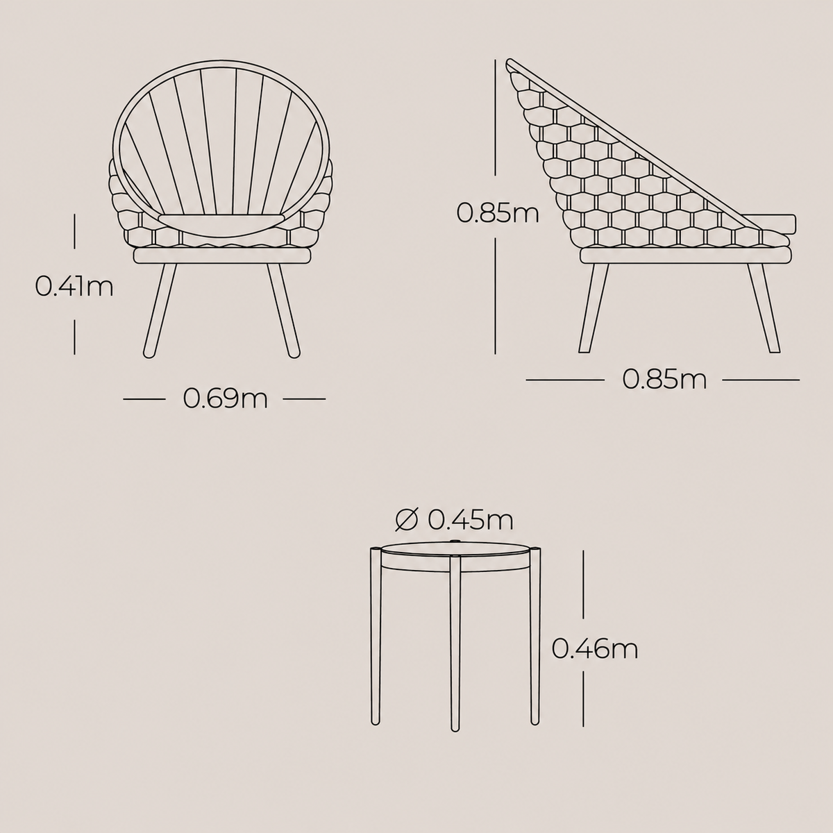 Plano técnico y dimensiones del Set de Balcón SORI con sillas y mesa