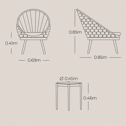 Plano técnico y dimensiones del Set de Balcón SORI con sillas y mesa