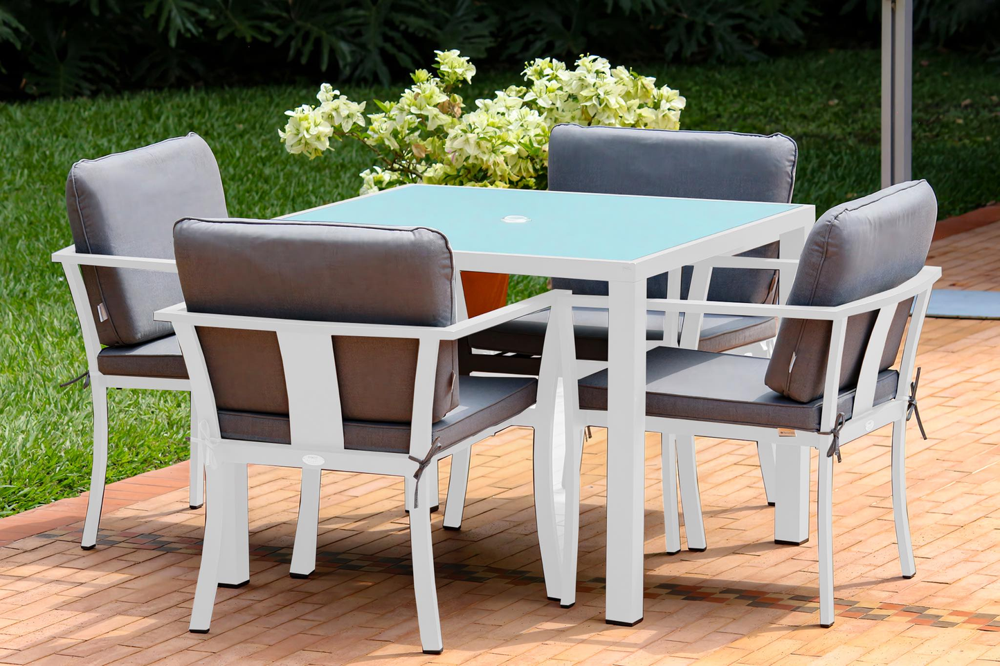 Set de comedor BALI cuadrado blanco, comedor de aluminio con orificio para sombrilla para terraza cubierta
