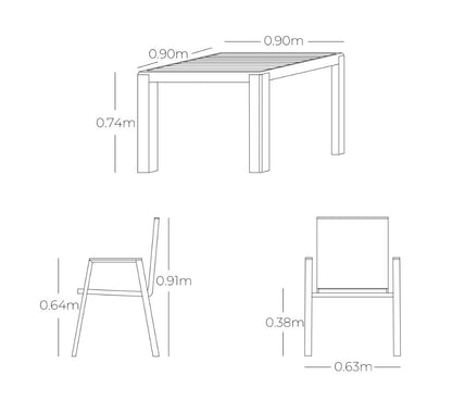 Medidas de comedor CEDAR, especificaciones técnicas del conjunto de comedor de aluminio