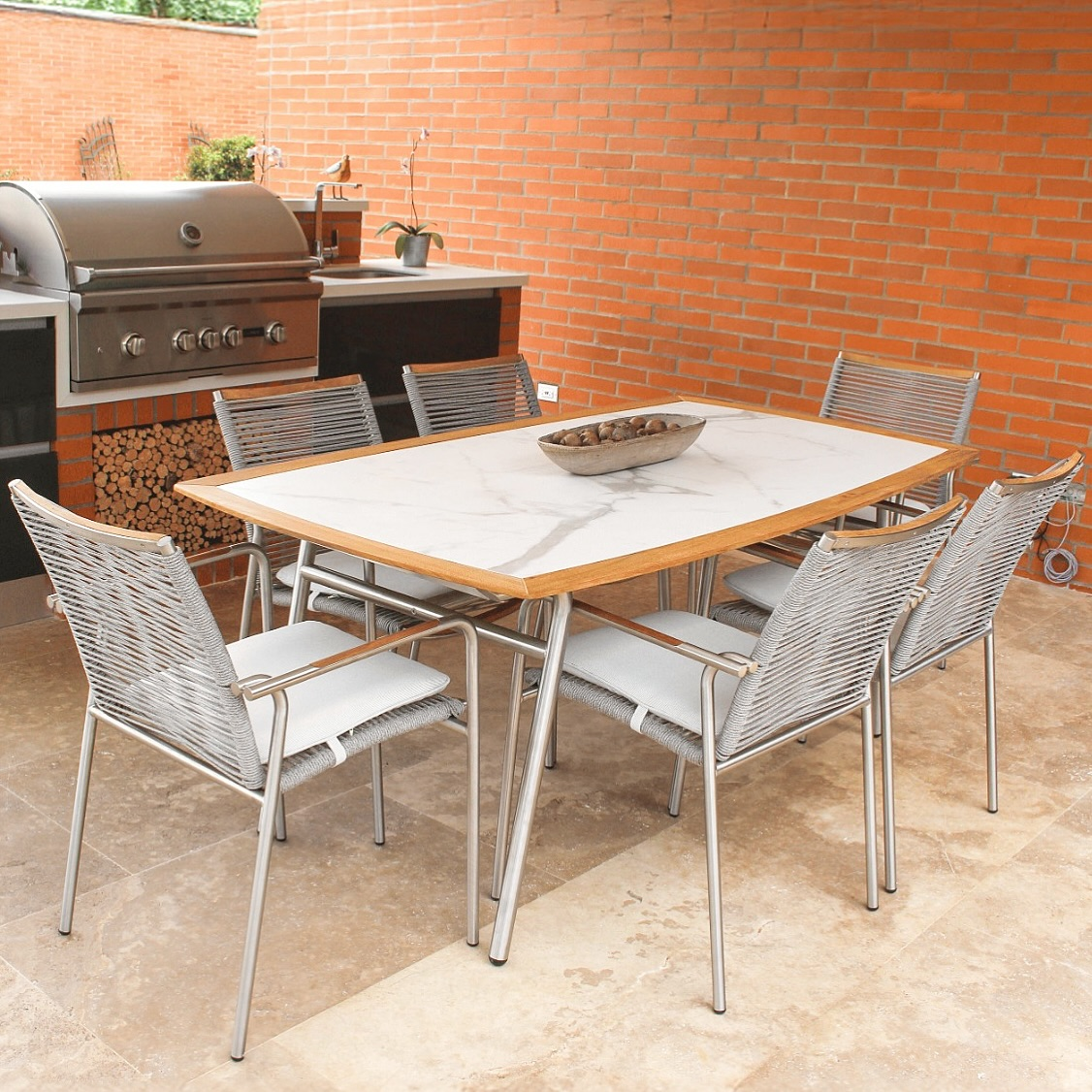 Set de comedor VELEROS, comedor de acero inoxidable con cuerdas de poliéster gris para terraza cubierta
