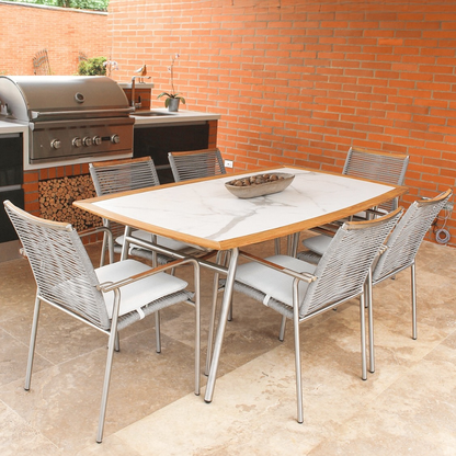 Set de comedor VELEROS, comedor de acero inoxidable con cuerdas de poliéster gris para terraza cubierta
