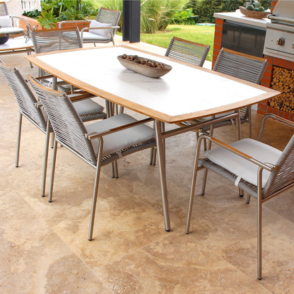 Set de comedor VELEROS, mesa y sillas de acero inoxidable con cuerdas de poliéster para balcón