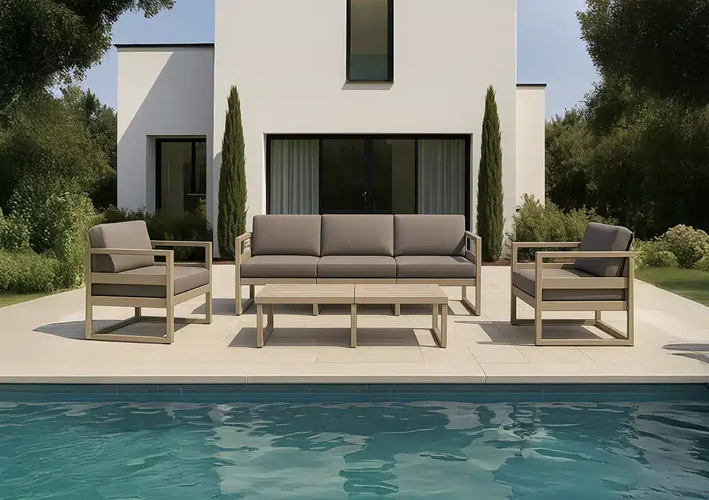 Set de sala ADRIA, sala de resina taupe con cojines café claro desmontable apta para intemperie
