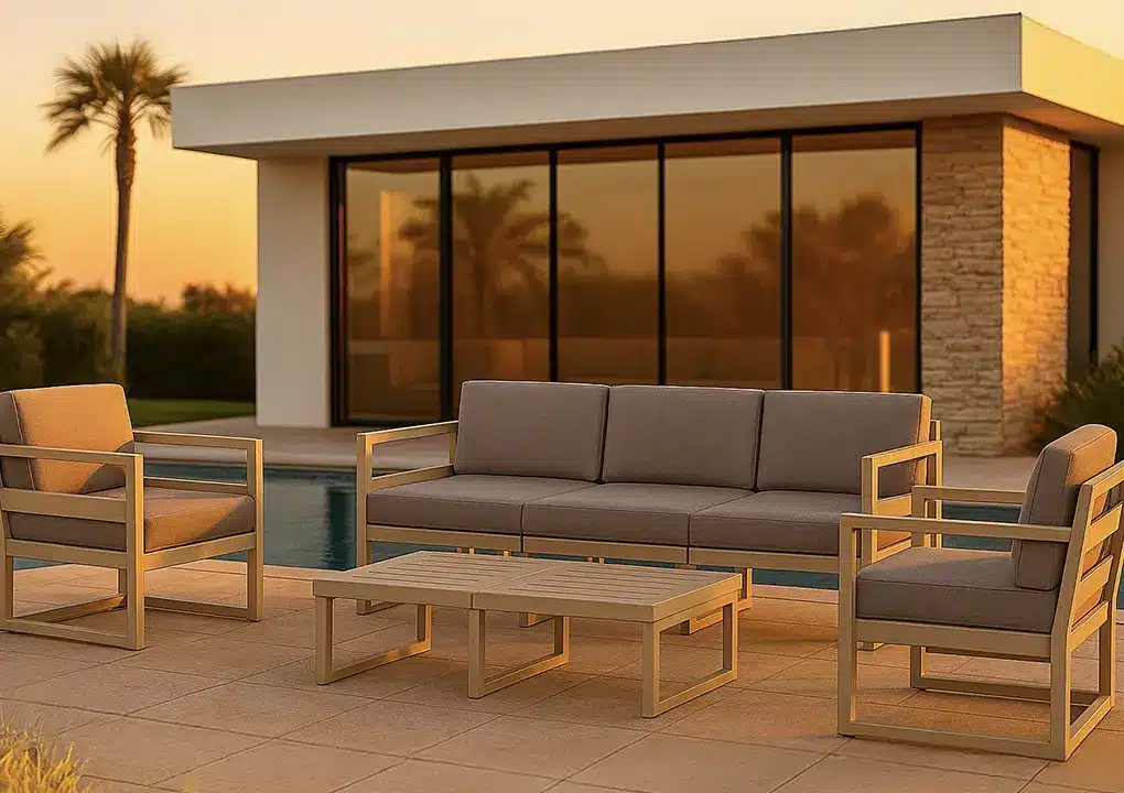 Detalle de sala ADRIA, sala de resina taupe con tela Etisilk café claro apta para intemperie
